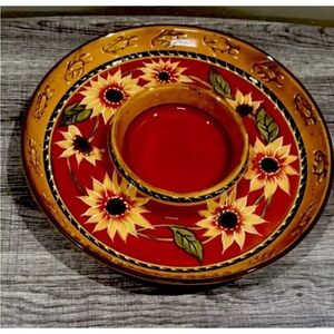 Pier 1 RETIRED Chip/Veggie & Dip Plate Hand Painted Terracotta Sunflower Design